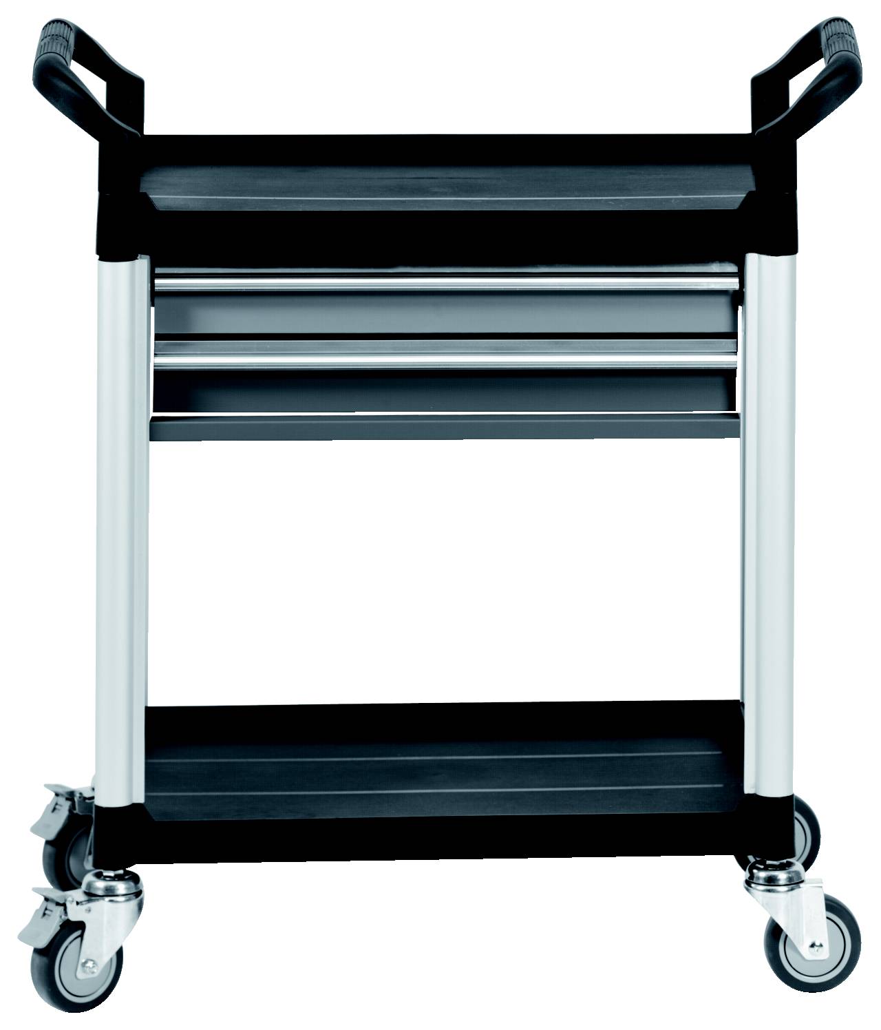 Schwarzer Werkzeugwagen aus Metall auf vier Rollen, mit zwei Griffen oben und drei Schubladen mittig, geeignet für Werkstattgebrauch.