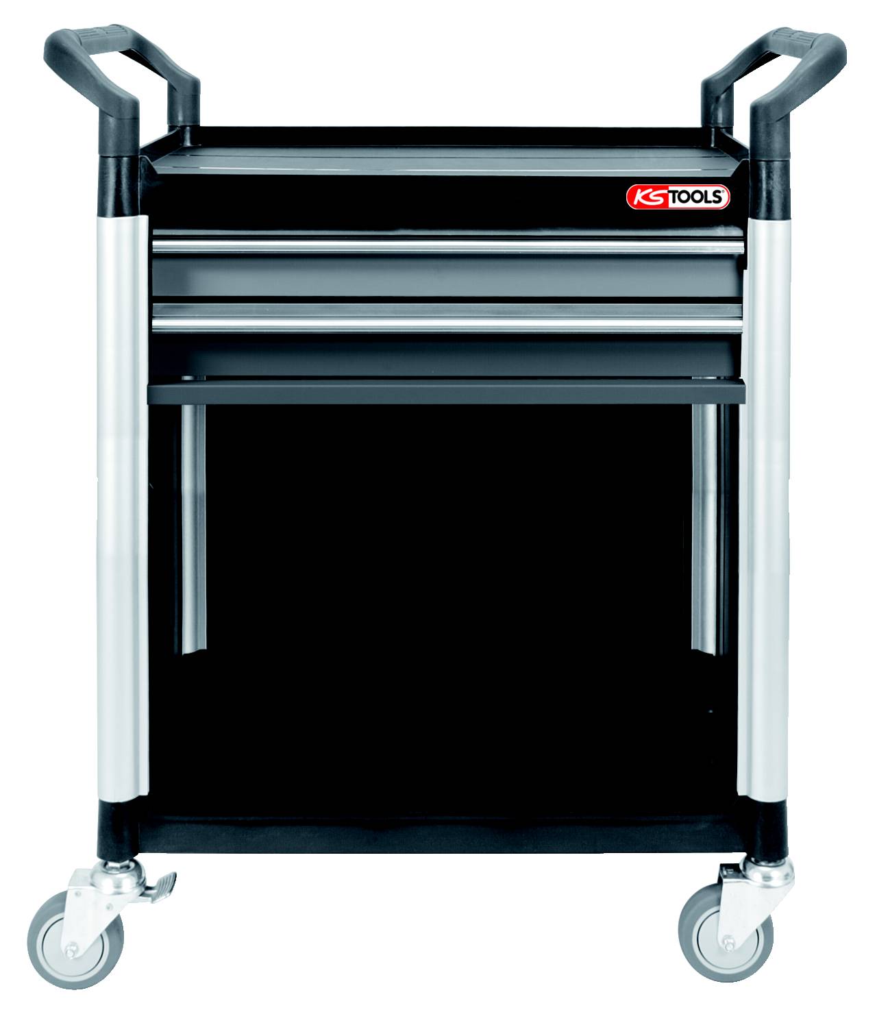 Werkzeugwagen mit zwei Schubladen und offenem Fach, auf Rollen für einfache Beweglichkeit. Markiert mit 'KS Tools'.