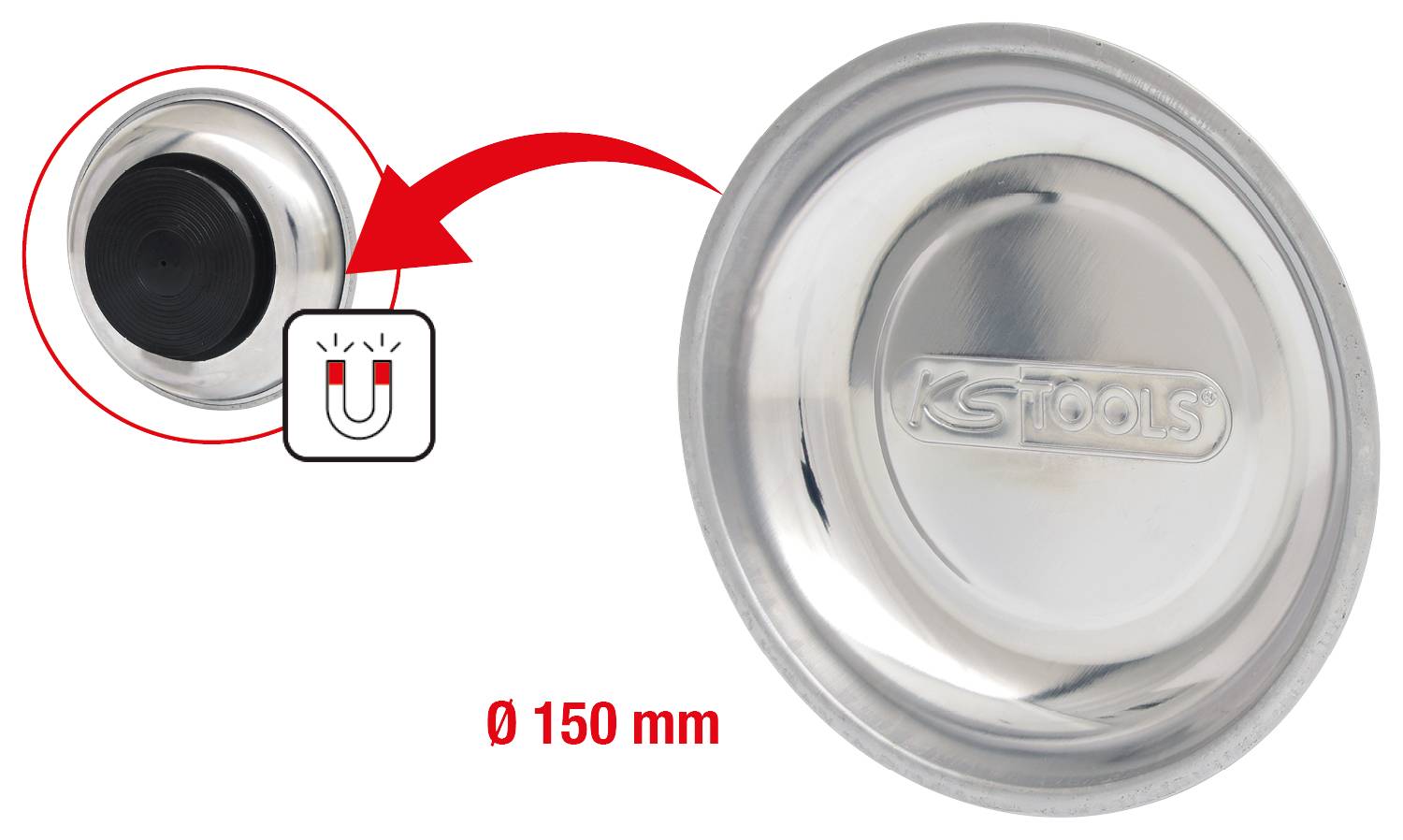 Magnetische Werkstattschale von KS Tools, Durchmesser 150 mm, hält Metallteile sicher fest. Ideal für die Organisation in der Werkstatt.