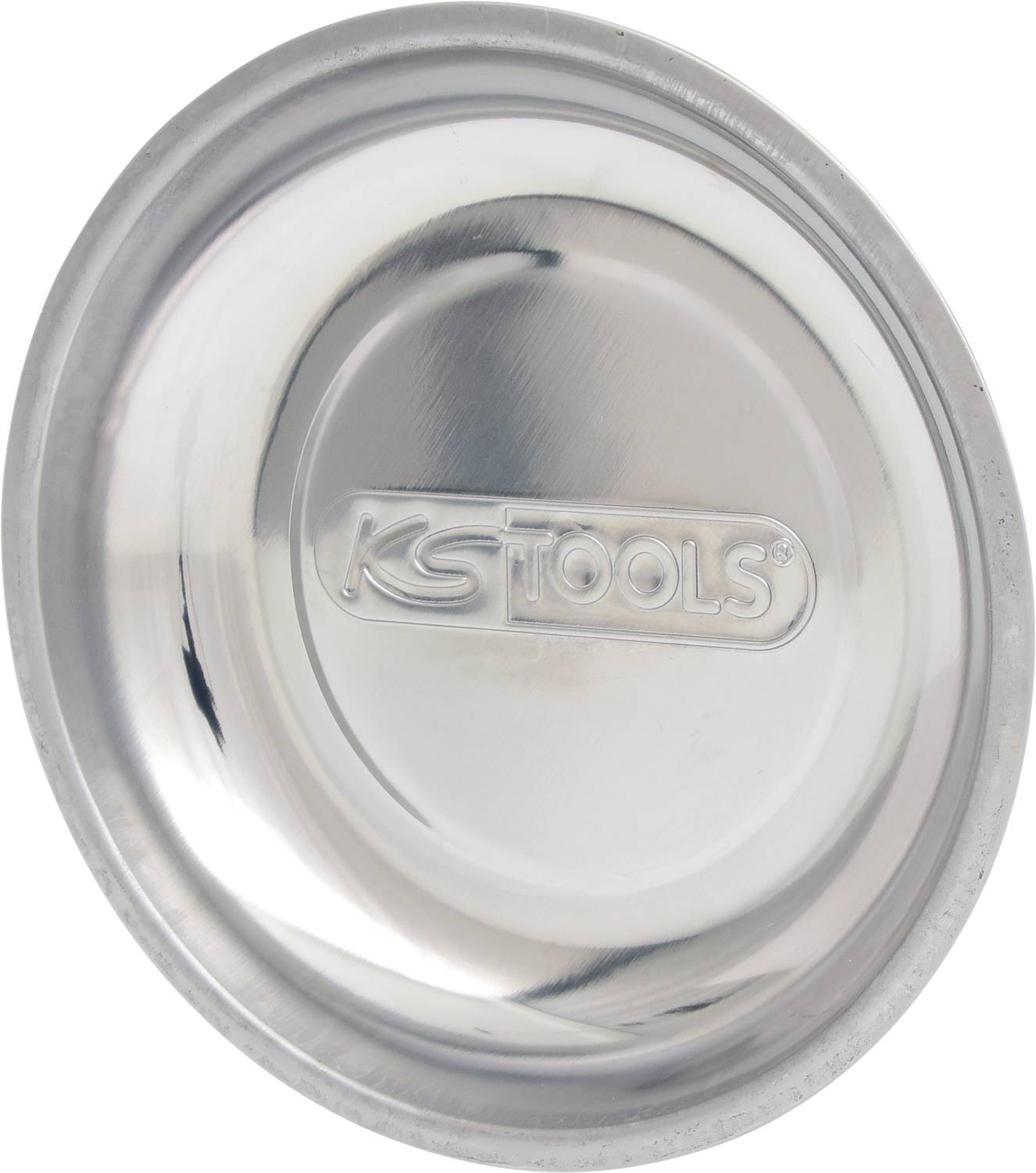 Metallschale mit dem eingeprägten Logo 'KS TOOLS' in der Mitte. Sie reflektiert Licht und hat einen sauberen, glänzenden Look.