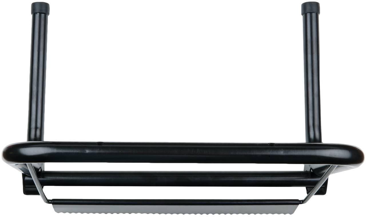 Schwarzes, rechteckiges, klappbares Sicherheits-Trittbrett mit rutschfester Oberfläche und seitlichen Haltegriffen, geeignet für den Zugang zu erhöhten Bereichen.