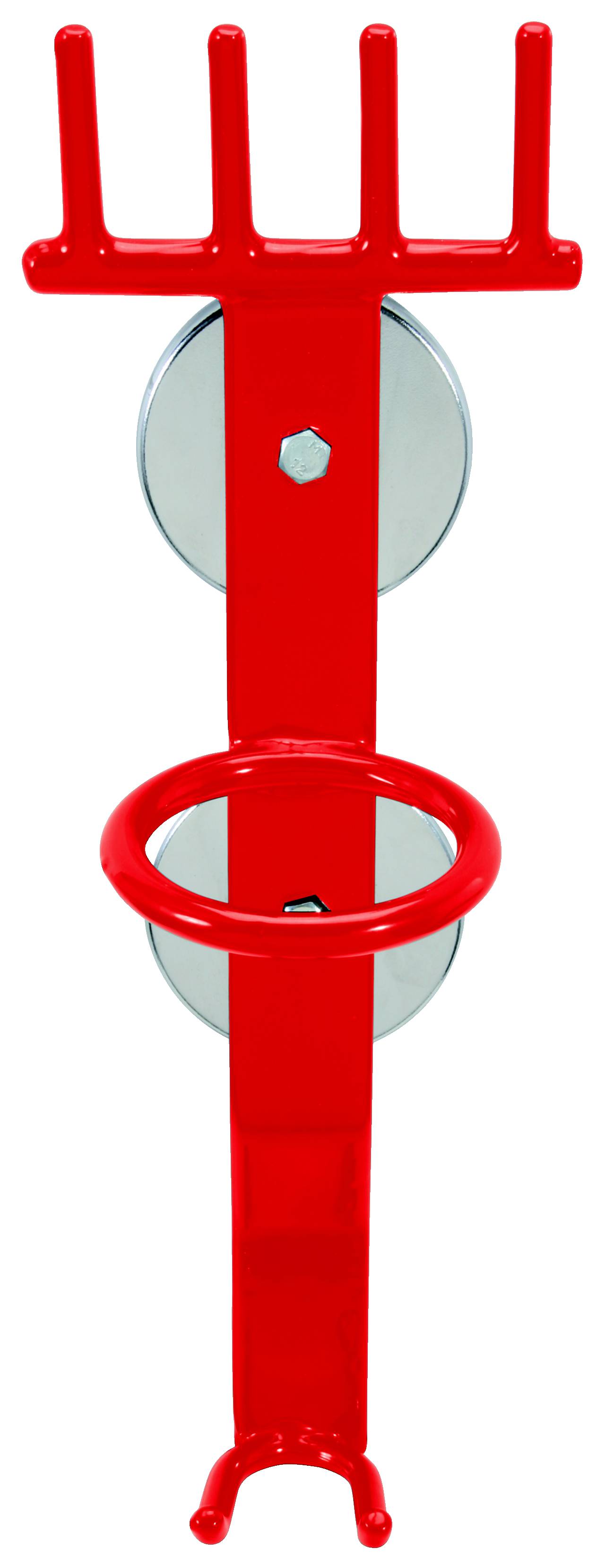 Roter Magnet-Werkzeughalter mit mehreren Haken zur Aufbewahrung von Werkzeugen, geeignet für Werkstatt oder Garage.