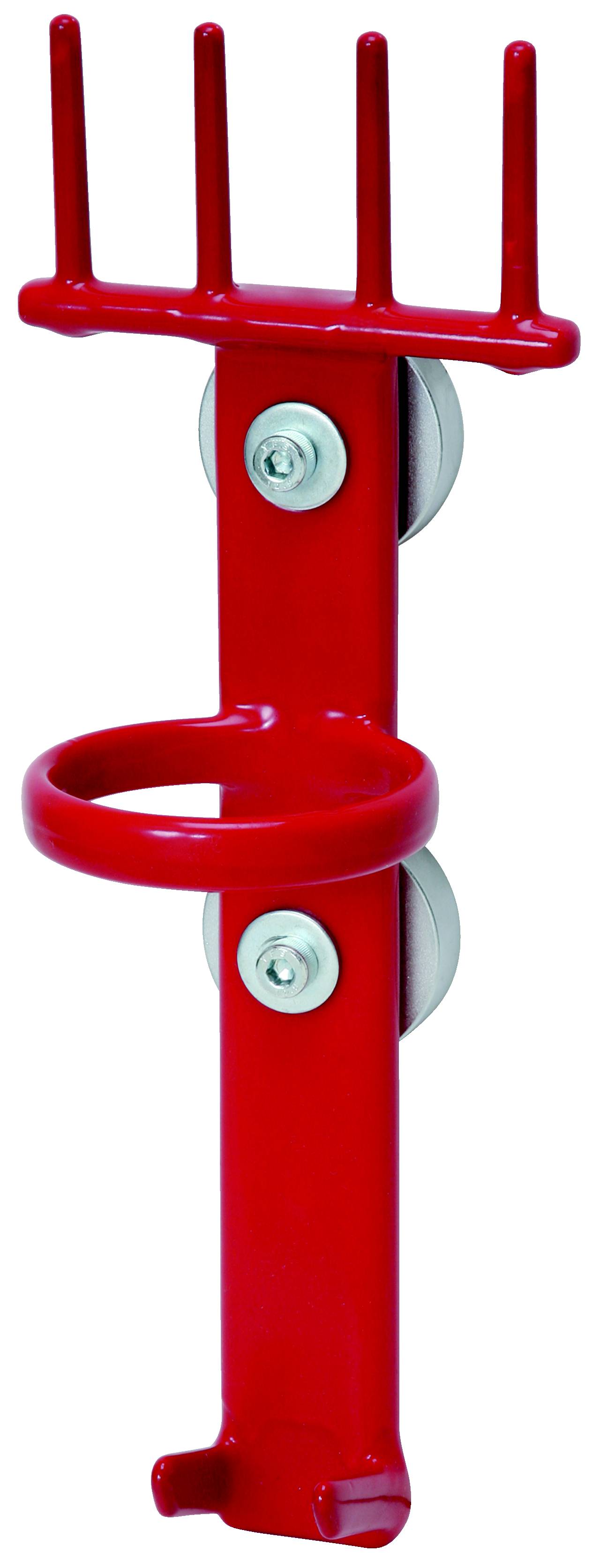 Roter Metallhalter mit Zinken oben und Ring in der Mitte, montierbar an einer vertikalen Fläche. Geeignet zum Aufhängen von Gegenständen.