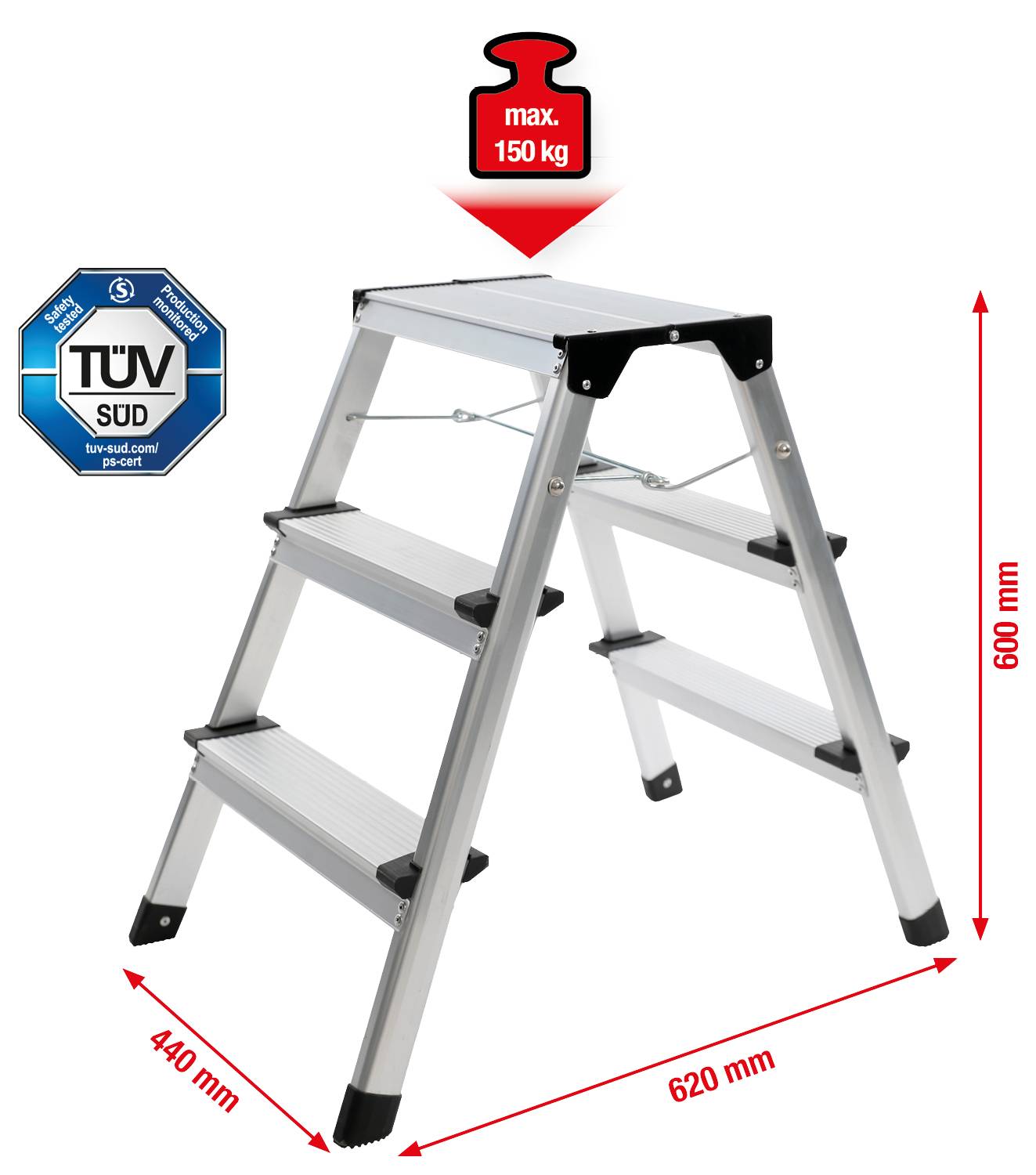 Silberne dreistufige Klappleiter mit TÜV-Zertifikat. Maximale Belastung: 150 kg. Maße: 620 mm x 440 mm x 600 mm.