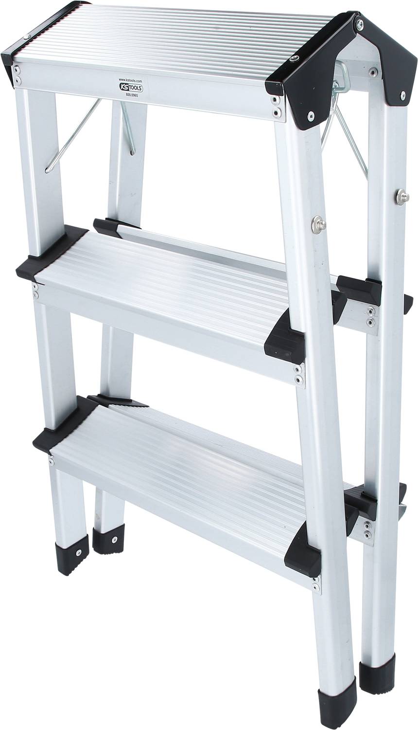 Klappbare Aluminium-Trittleiter mit drei Stufen, geeignet für den Innenbereich. Robuste Konstruktion, ideal für Haushaltstätigkeiten.