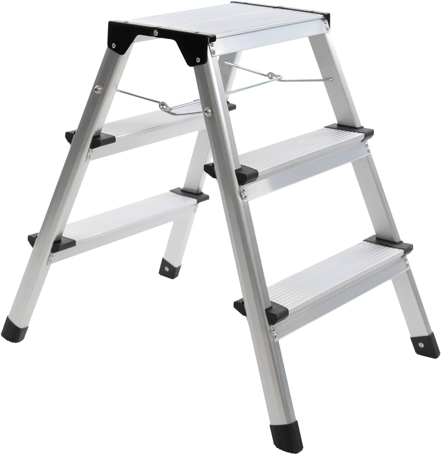 Eine silberne, klappbare Trittleiter mit drei Stufen aus Aluminium, ideal für den Innengebrauch.