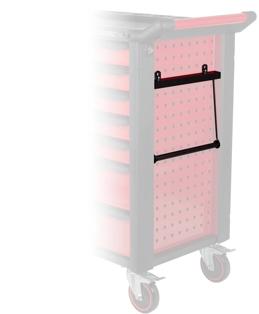 Werkstattwagen mit rot-schwarzem Design, ausgestattet mit Rollen und einem schwarzen Griff. Auf der Seite befinden sich Aufhängeleisten.