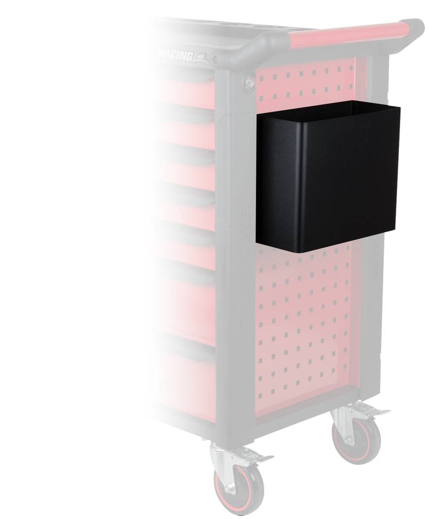 Werkstattwagen mit mehreren Schubladen und einem montierten schwarzen Ablagefach an der Seite. Auf Rollen, für einfachen Transport.