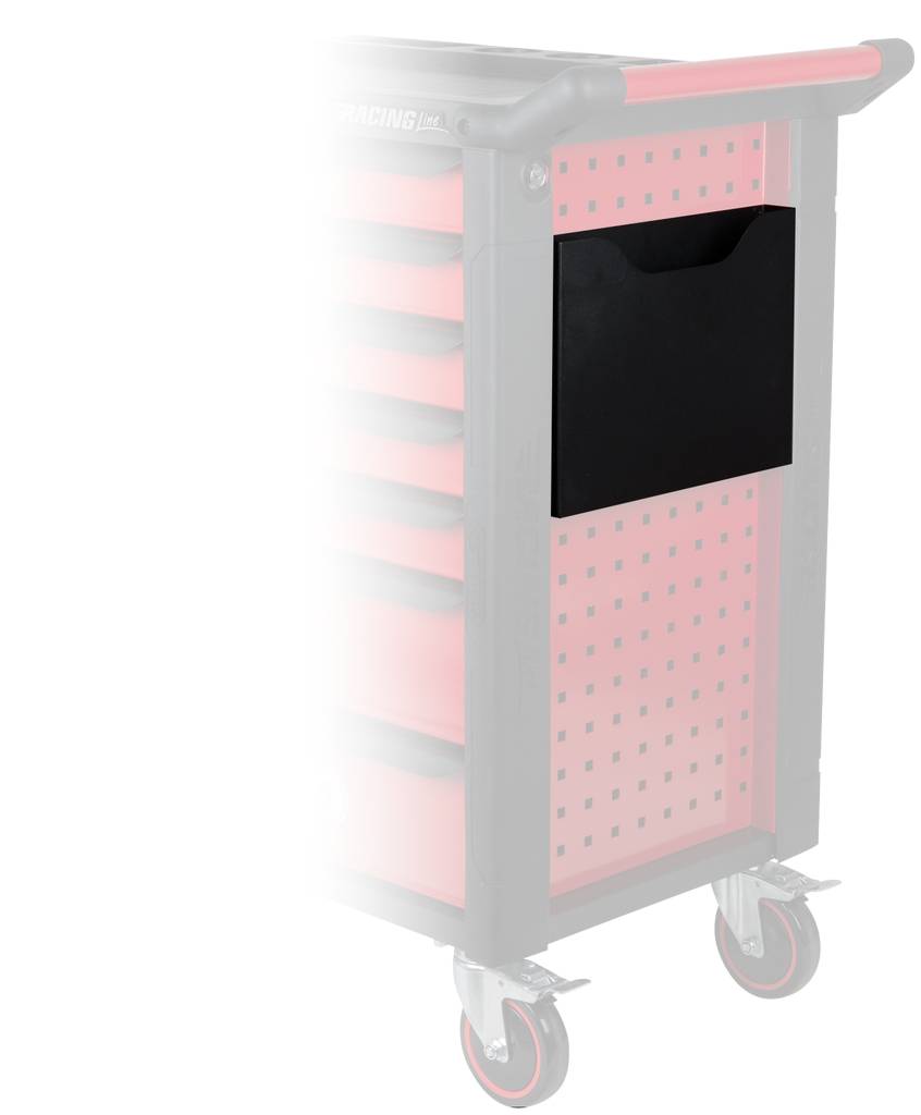 Werkzeugwagen mit Rädern, rote und schwarze Akzente. Links sind mehrere Schubladen, rechts eine schwarze Halterung.