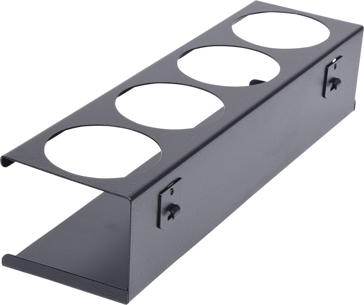 Metallischer Flaschenhalter mit drei runden Aussparungen, geeignet für die horizontale Lagerung von Flaschen.