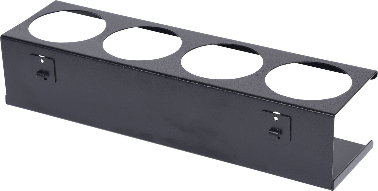 Metallhalterung mit vier runden Öffnungen, um Behälter oder Röhren sicher zu platzieren. Geeignet für Labor- oder Werkstattnutzung.