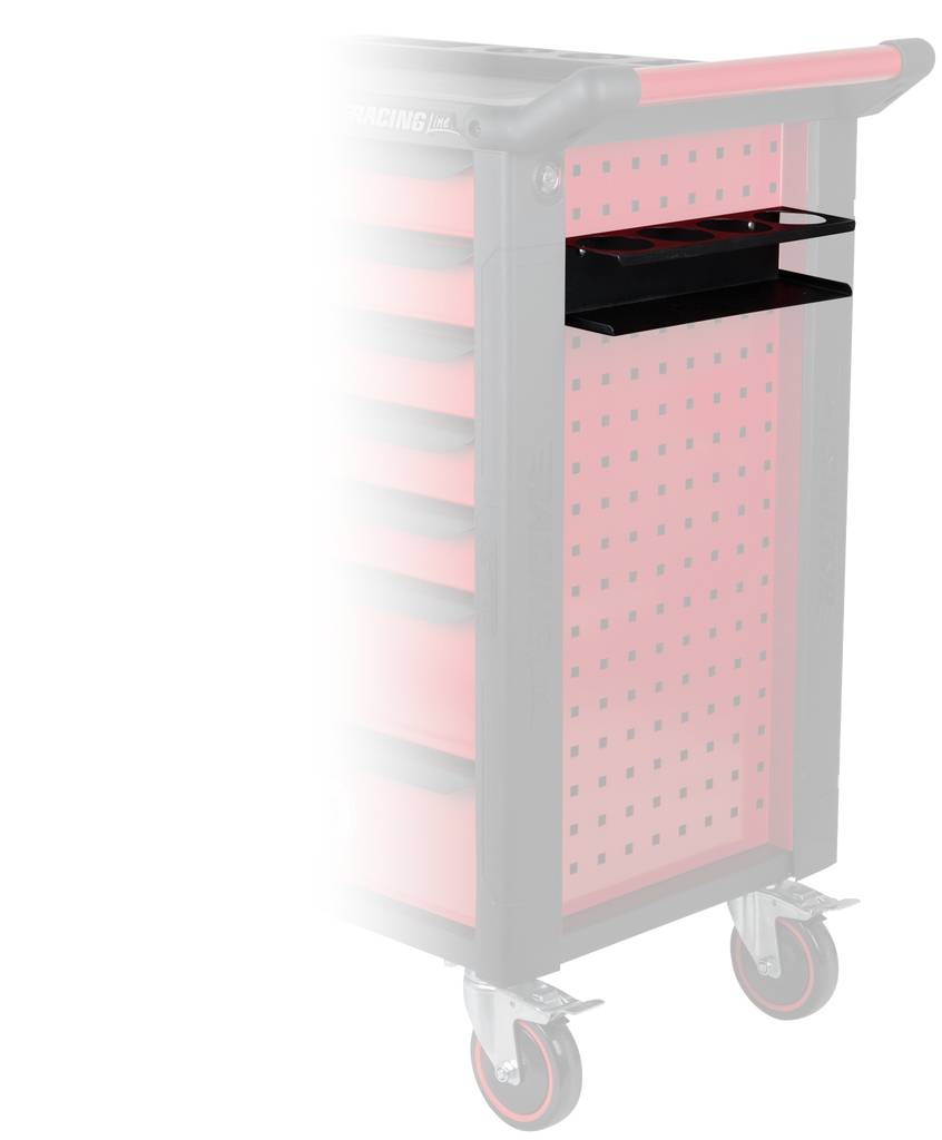 Werkzeugwagen mit roten Details und Rollen. An der Seite ein schwarzer, angebrachter Halter; Vorderseite teilweise verschwommen.