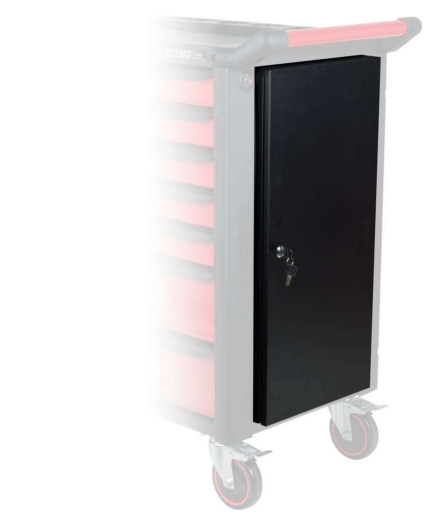 Ein Werkstattwagen mit mehreren Schubladen auf Rädern, ein schwarzes Fach mit Schloss ist an der Seite angebracht.