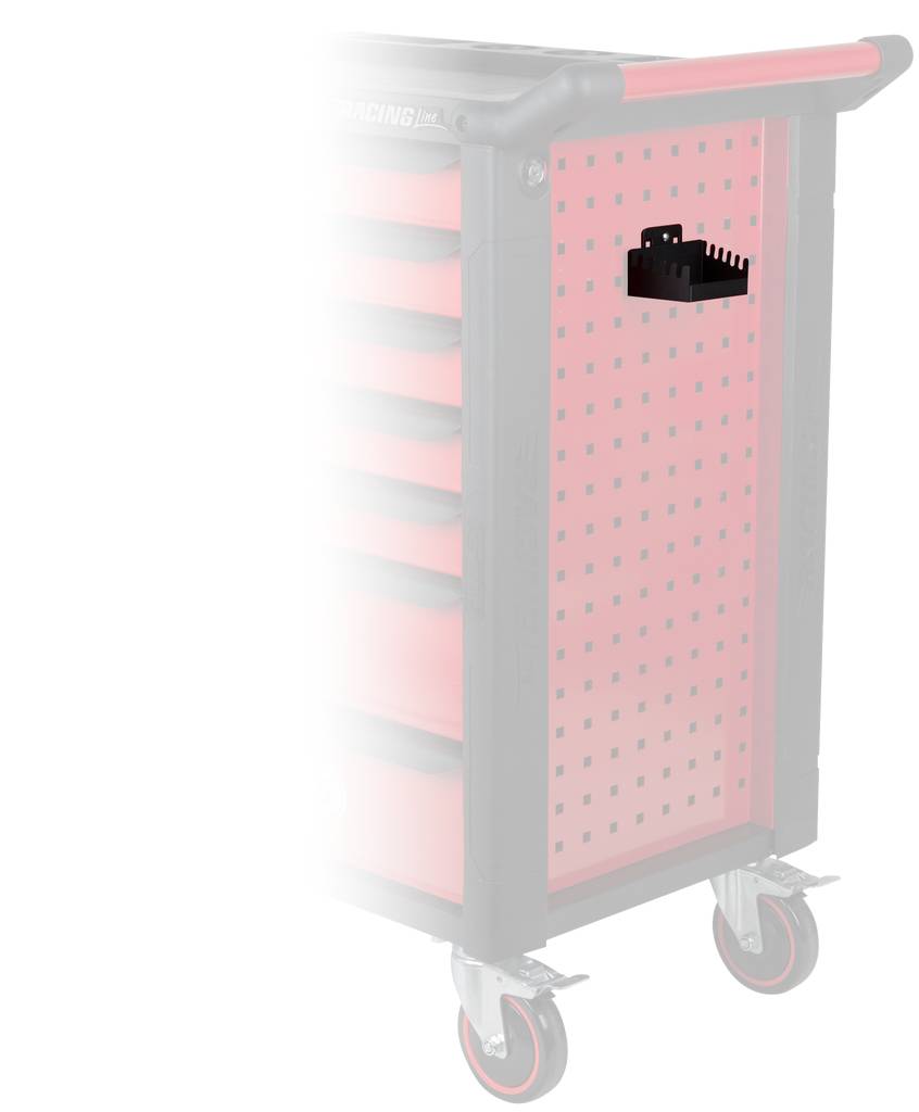 Werkzeugwagen mit seitlichen Schubladen und Lochblech, auf Rollen. Eine Halterung ist am Lochblech befestigt.