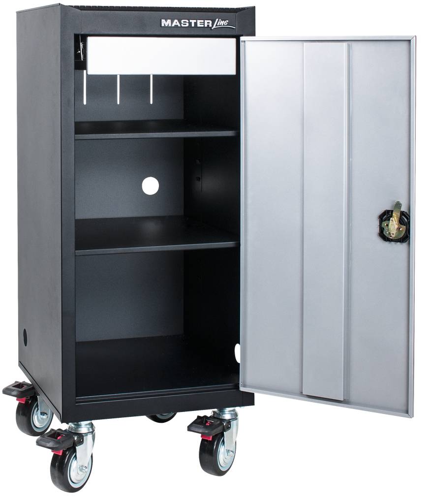 Schwarzer Werkzeugschrank auf Rädern mit offenen Türen, zeigt drei Regalfächer. Oben ist 'MASTER Line' zu lesen.