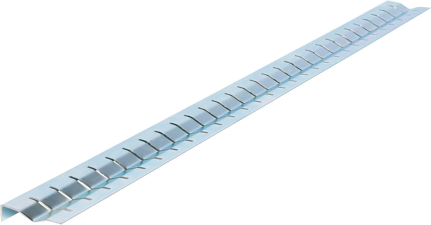 Metallstück mit gebogenen Haken in Reihen, möglicherweise für hängende Anwendungen oder Befestigungen verwendet.