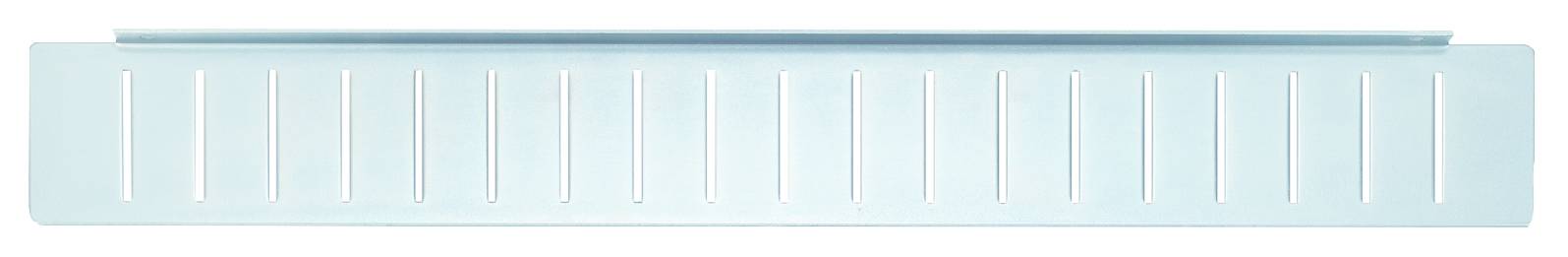 Ein weißes rechteckiges Regal mit mehreren senkrechten Schlitzen zur Belüftung oder als Designmerkmal.
