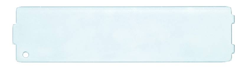 Ein rechteckiges, flaches weißes Objekt mit abgerundeten Ecken und einem kleinen Loch auf der linken Seite.