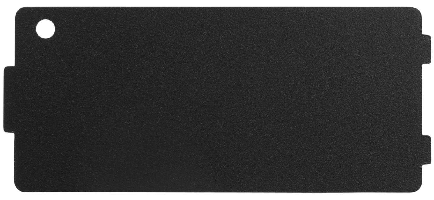Eine rechteckige schwarze Kunststoffplatte mit einer kreisförmigen Aussparung in der oberen linken Ecke.