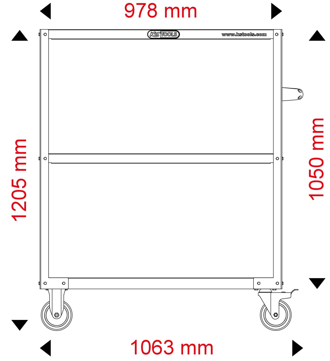 Ein rechteckiger Werkzeugwagen mit zwei Rollen und einer Griffleiste. Maße: 978 mm Breite, 1205 mm Höhe, 1063 mm Länge.