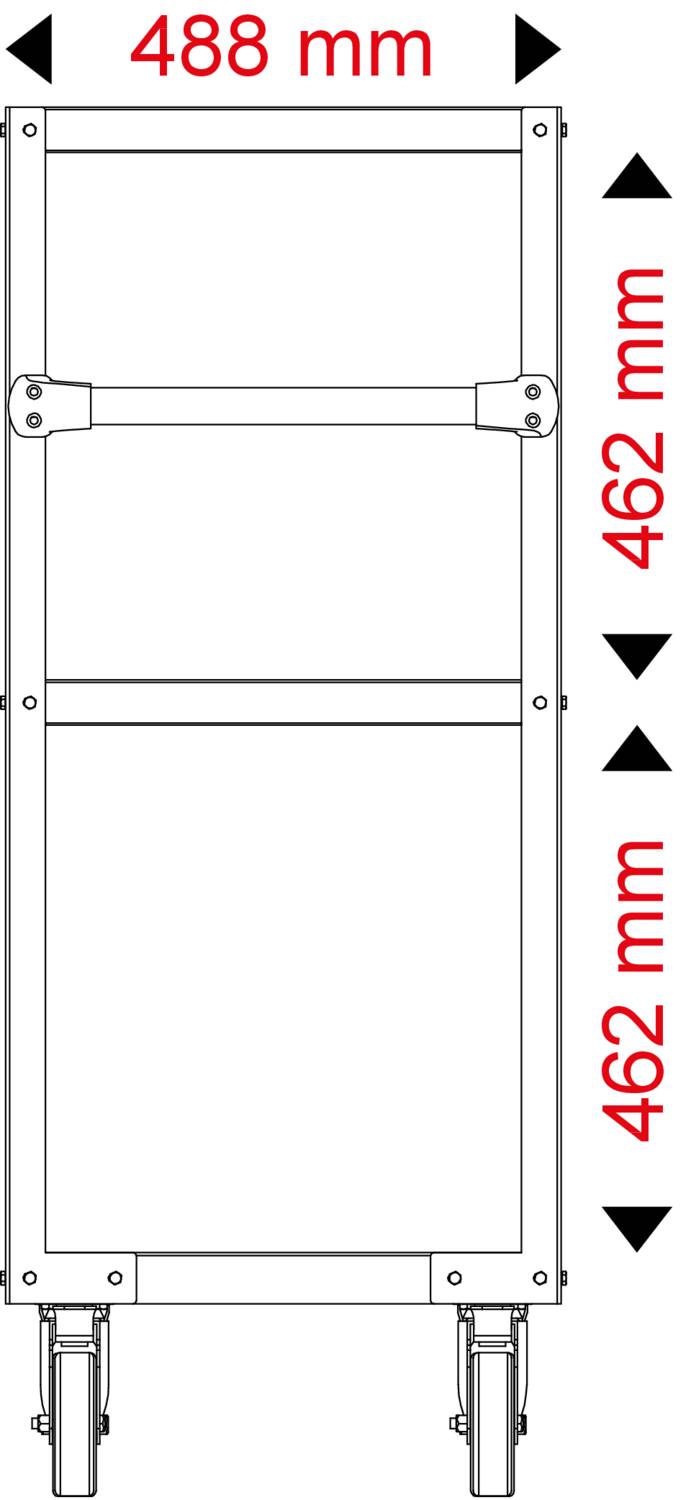 Diese Zeichnung zeigt das Seitenprofil eines rechteckigen Gestells mit zwei horizontalen Streben und Maßen von 488 mm Breite und 462 mm Höhe.