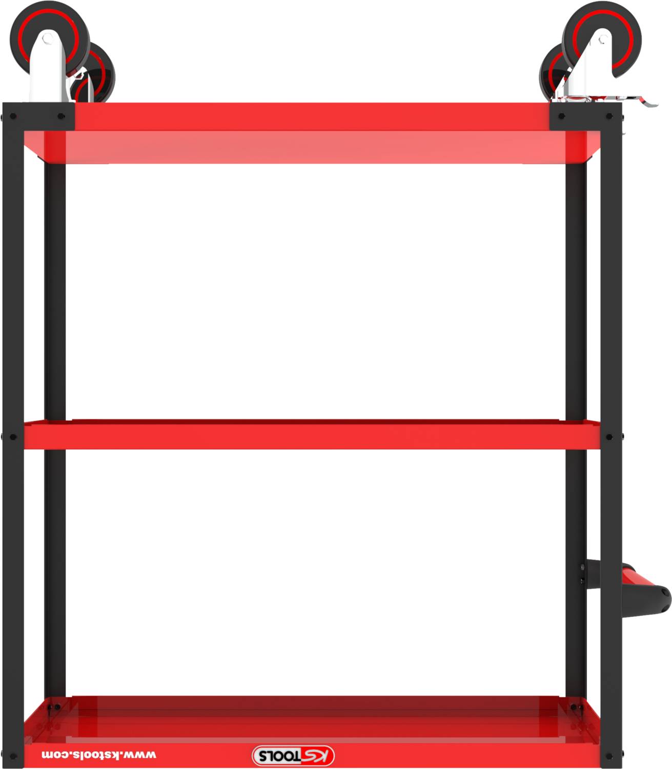 Roter Werkzeugwagen mit drei Regalböden und vier großen Rädern, ideal für die Aufbewahrung und den Transport von Werkzeugen.