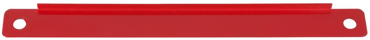 Rotes Plastiklineal mit zwei runden Löchern an den Enden.
