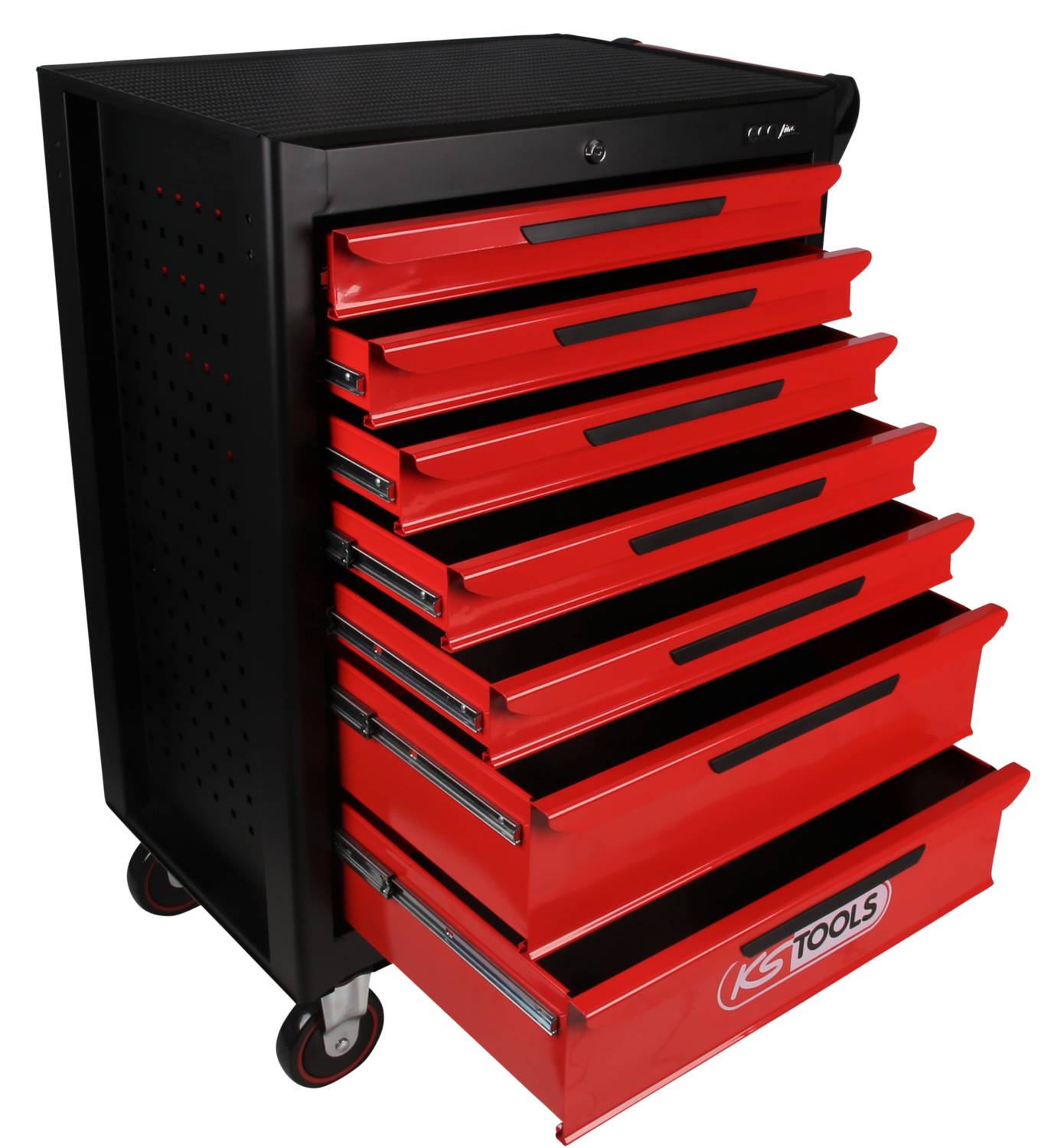 Ein schwarzer Werkzeugwagen auf Rollen mit sieben offenen roten Schubladen. Marke 'KS Tools' auf der unteren Schublade sichtbar.