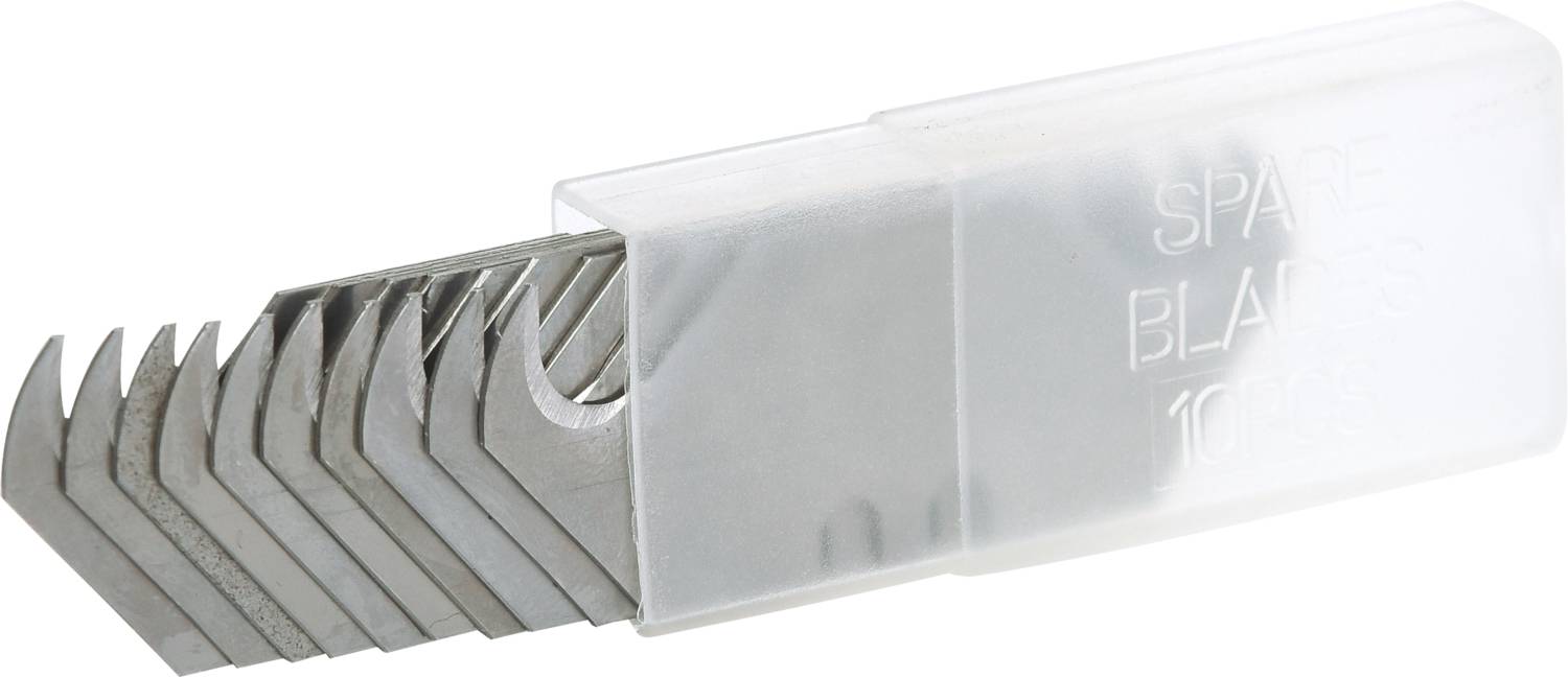 Zehn Ersatzklingen in einer durchsichtigen Kunststoffbox. Klingen sind leicht gebogen und scharf. Box ist beschriftet mit 'SPARE BLADES'.