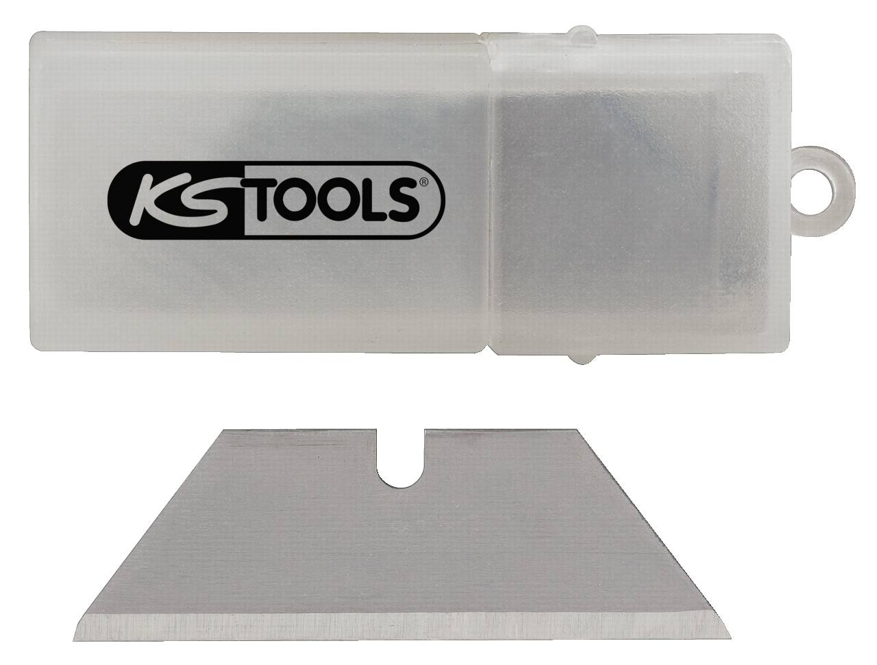 Ein Ersatzklingenbehälter von KS Tools, zeigt eine einzelne trapezförmige Klinge und eine weiße Kunststoffbox mit Logo.