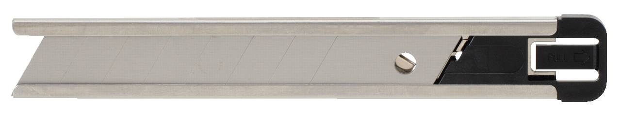 Cuttermesser mit eingefahrener Klinge in Seitenansicht, zeigt Griff und Hebelmechanismus.