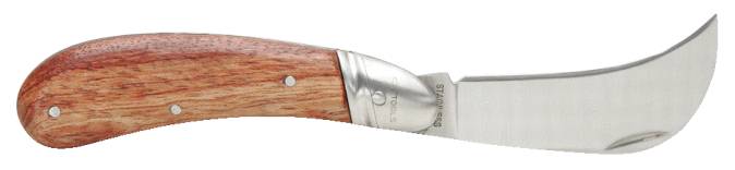 Ein Messer mit Holzgriff und gebogener Edelstahlklinge, geeignet für spezielle Schneidaufgaben.
