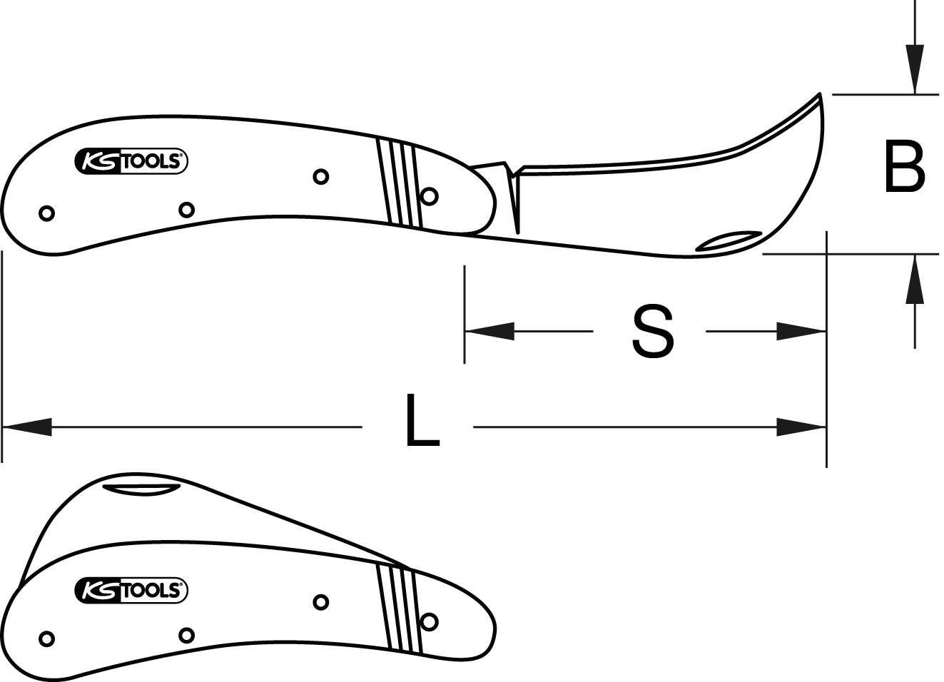 Zeichnung eines Klappmessers, offen und geschlossen. Beschriftet mit 'L' für Länge, 'S' für Schneide und 'B' für Breite.