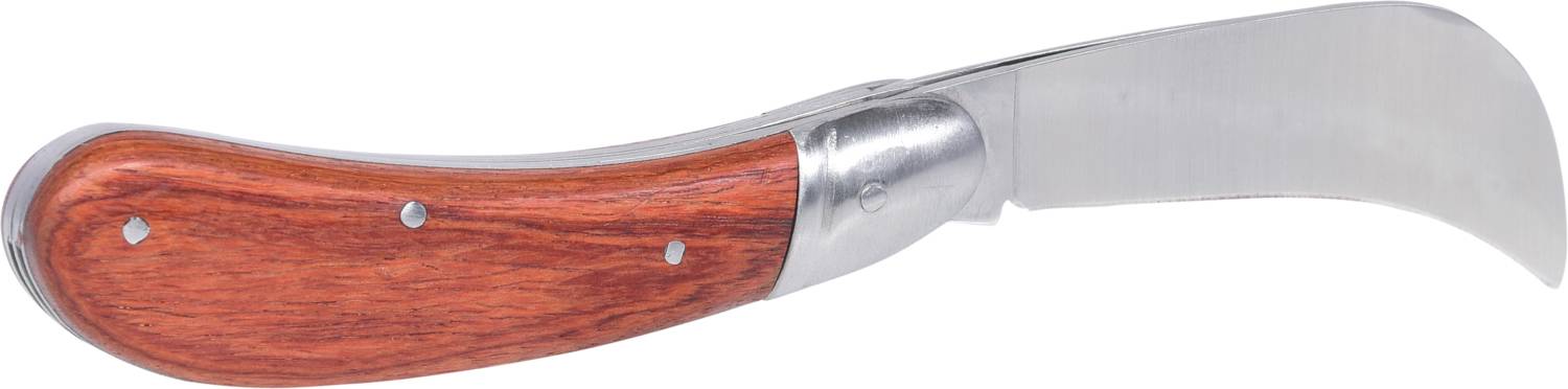 Ein Gartenhippemesser mit hölzernem Griff und gebogener silberner Klinge, typisch für das Beschneiden von Pflanzen.