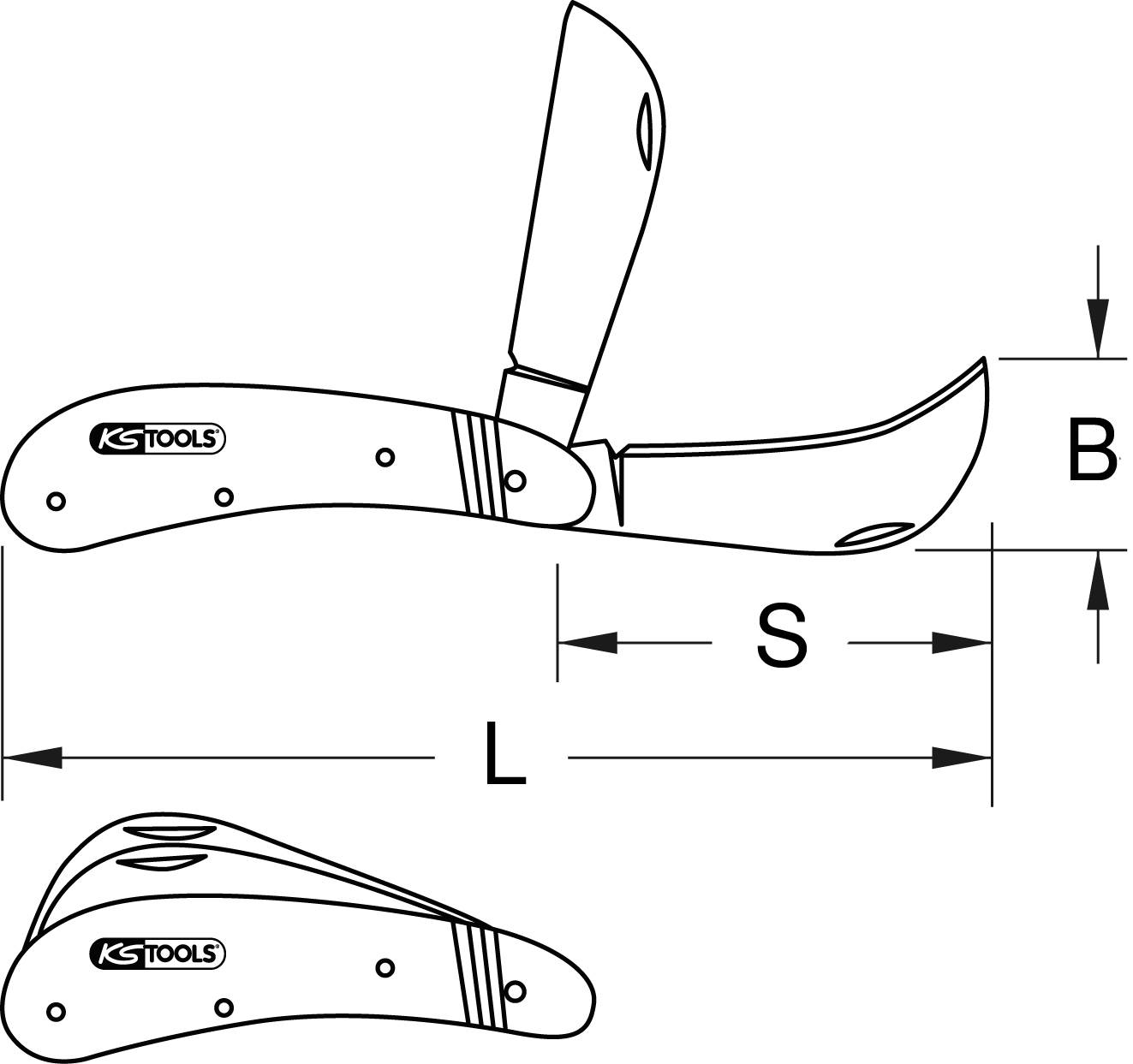 Klappmesser-Diagramm mit offenen und geschlossenen Klingen, beschriftet mit 'KS Tools'. Abmessungen: B (Breite), S (Schneide), L (Länge).