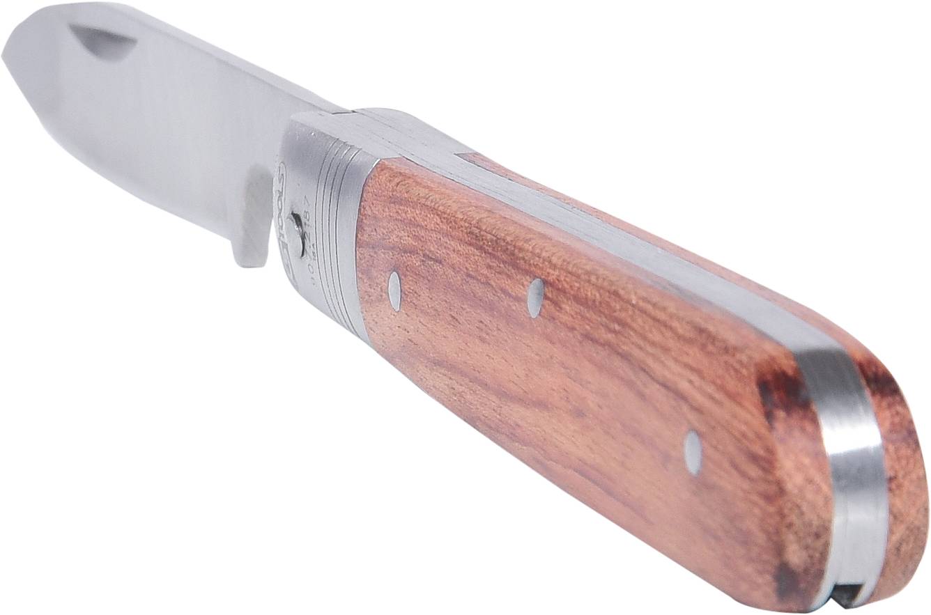 Taschenmesser mit Holzgriff und eingeklapptem silbernem Klingenblatt.