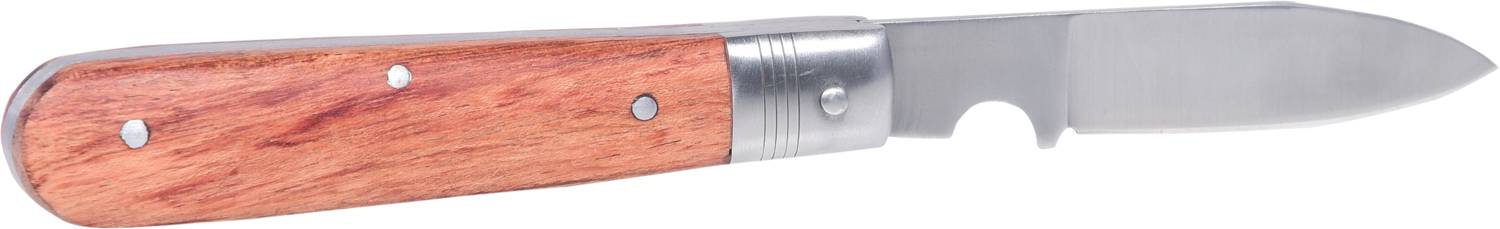 Ein Taschenmesser mit einem Holzgriff und einer metallischen Klinge. Das Design ist schlicht und funktional.