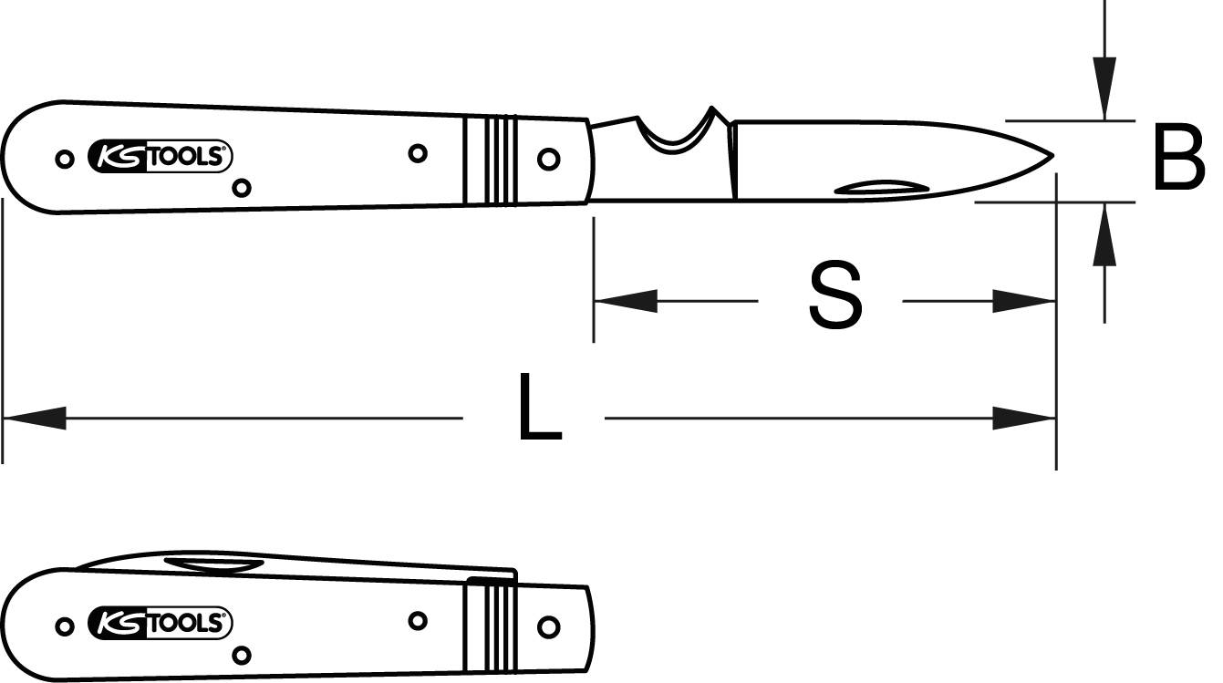 Das Bild zeigt ein Klappmesser mit offenen und geschlossenen Ansichten. Beschriftungen zeigen Länge (L), Höhe (B) und Klingenlänge (S).