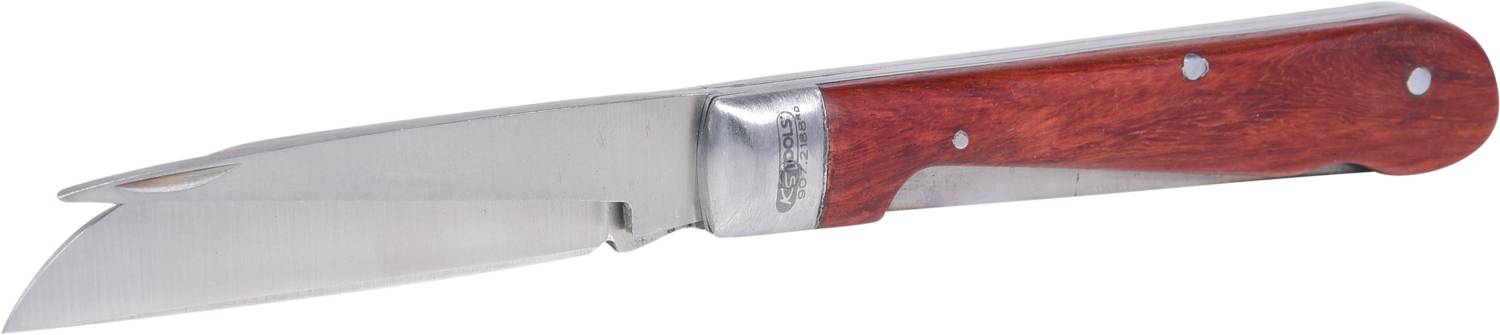 Taschenmesser mit Holzgriff und silberner Klinge, geschlossen.