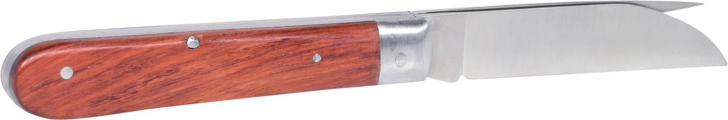 Klappmesser mit Holzgriff und silberner Klinge, geöffnet und in seitlicher Ansicht.