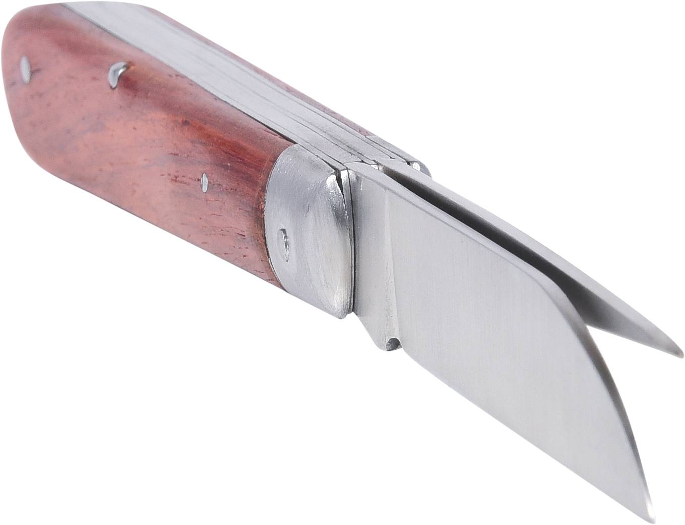Taschenmesser mit Holzgriff und zwei ausgeklappten Klingen, dargestellt auf weißem Hintergrund.