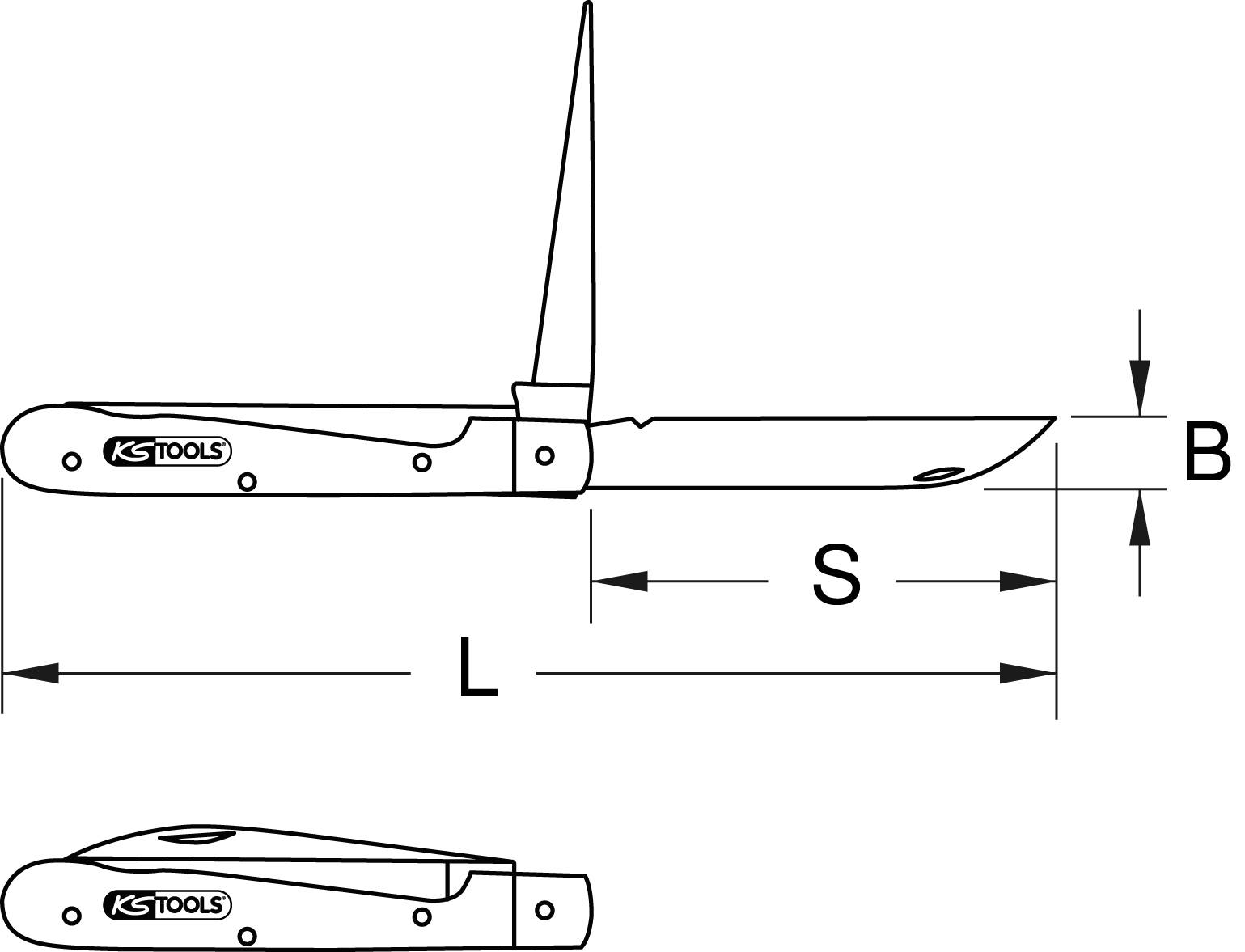 Abbildung eines Klappmessers mit Zentimeterangaben für Länge (L), Klingenhöhe (B) und Klingenlänge (S). Markierung KS TOOLS.