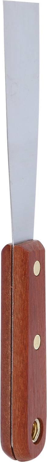 Ein Spachtel mit einem Holzgriff und einer langen, schmalen Metallklinge, vor einem neutralen Hintergrund.