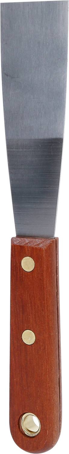 Ein Metallspachtel mit braunem Holzgriff und goldfarbenen Nieten.