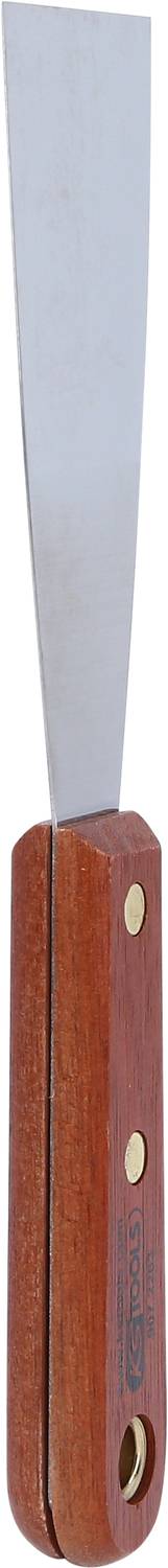 Spatel mit langem, schmalem Metallblatt und Griff aus braunem Holz, der mit zwei goldenen Nieten befestigt ist, auf weißem Hintergrund.