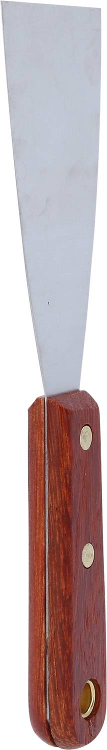 Ein Malerspachtel mit breitem Metallblatt und Holzgriff, verwendet zum Glätten von Oberflächen oder Entfernen von Farbe.