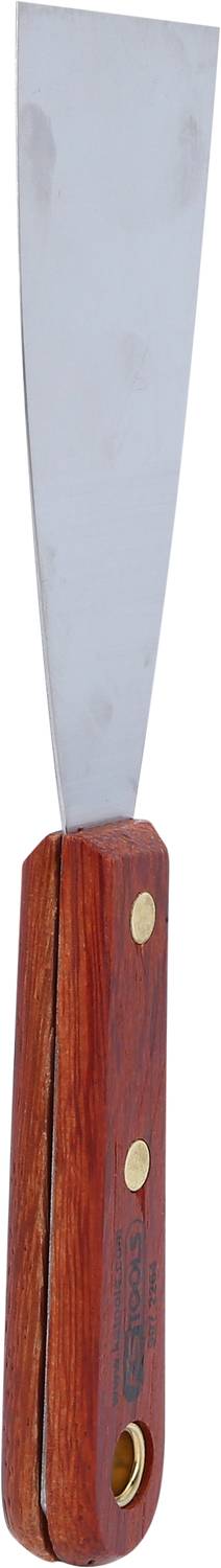 Ein Spachtel mit einem hölzernen Griff und einer breiten, flachen Metallklinge, geeignet für Maler- und Bauarbeiten.