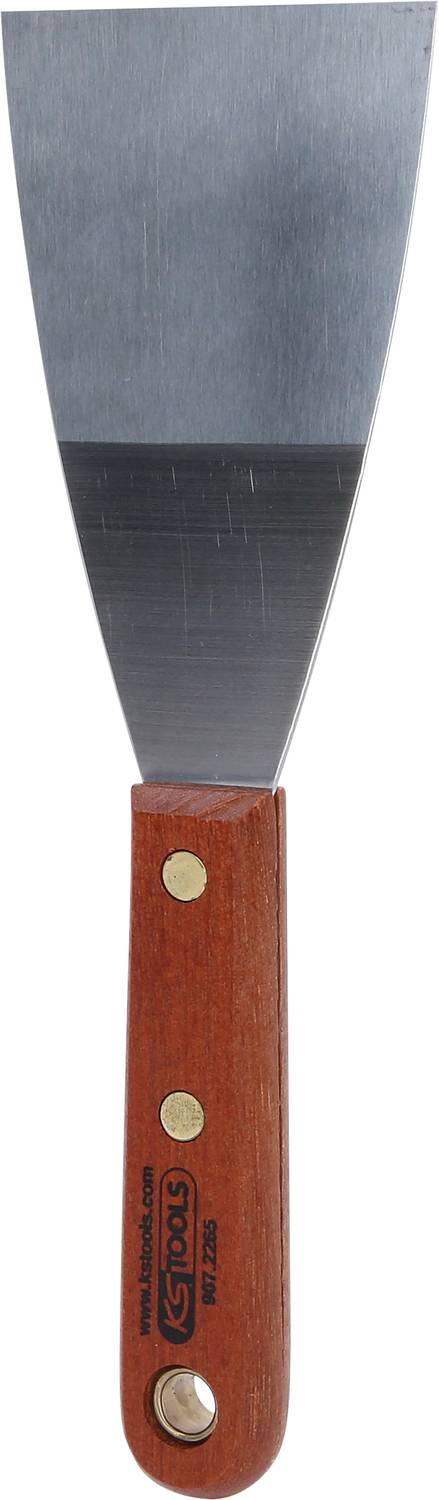 Spachtel mit breitem, flachem Metalleinsatz und Holzgriff. Geeignet zum Entfernen von Farbresten oder Spachtelmasse.