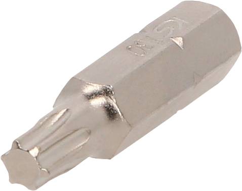 Nahaufnahme eines silbernen Sicherheits-Torx-Schraubendreherbits mit einem Mittelloch, gezeigt auf weißem Hintergrund.