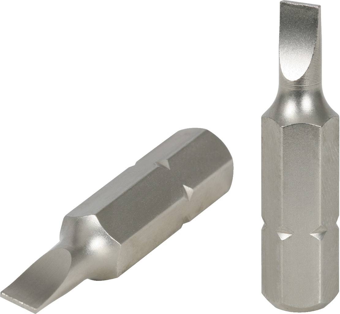 Zwei silberne Schlitz-Schraubendreher-Bits aus Metall, einer liegend, der andere stehend. Ideal für manuelle oder elektrische Werkzeuge.